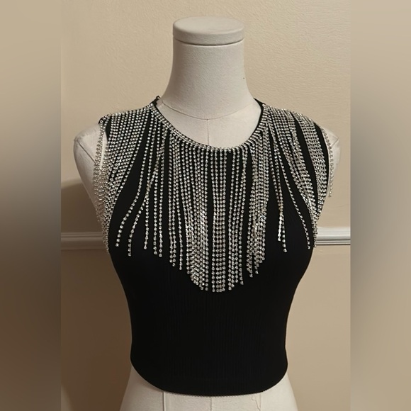 ZARA fringed seamless rhinestone black crop top size extra small/small - Picture 10 of 14